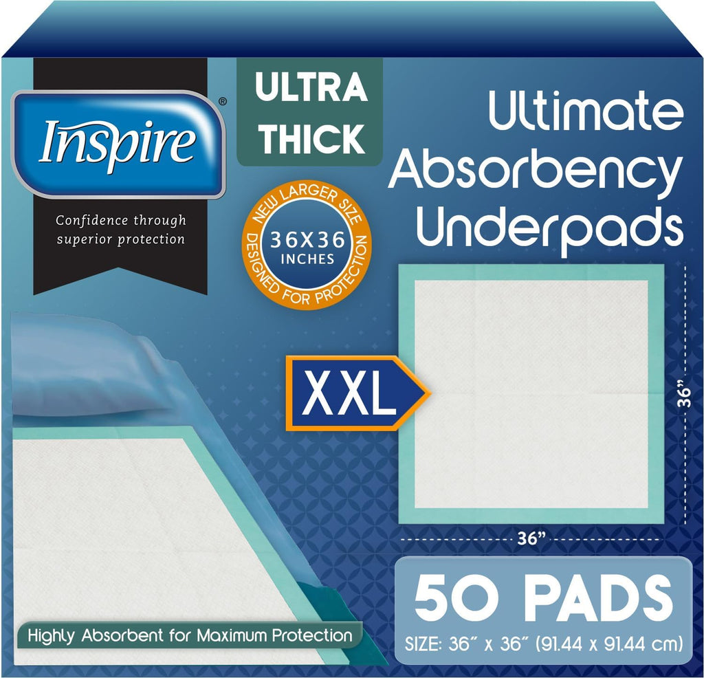 Inspire Disposable Underpads – Waterproof Bed & Chair Protection (36 × 36 in, 50 Count)