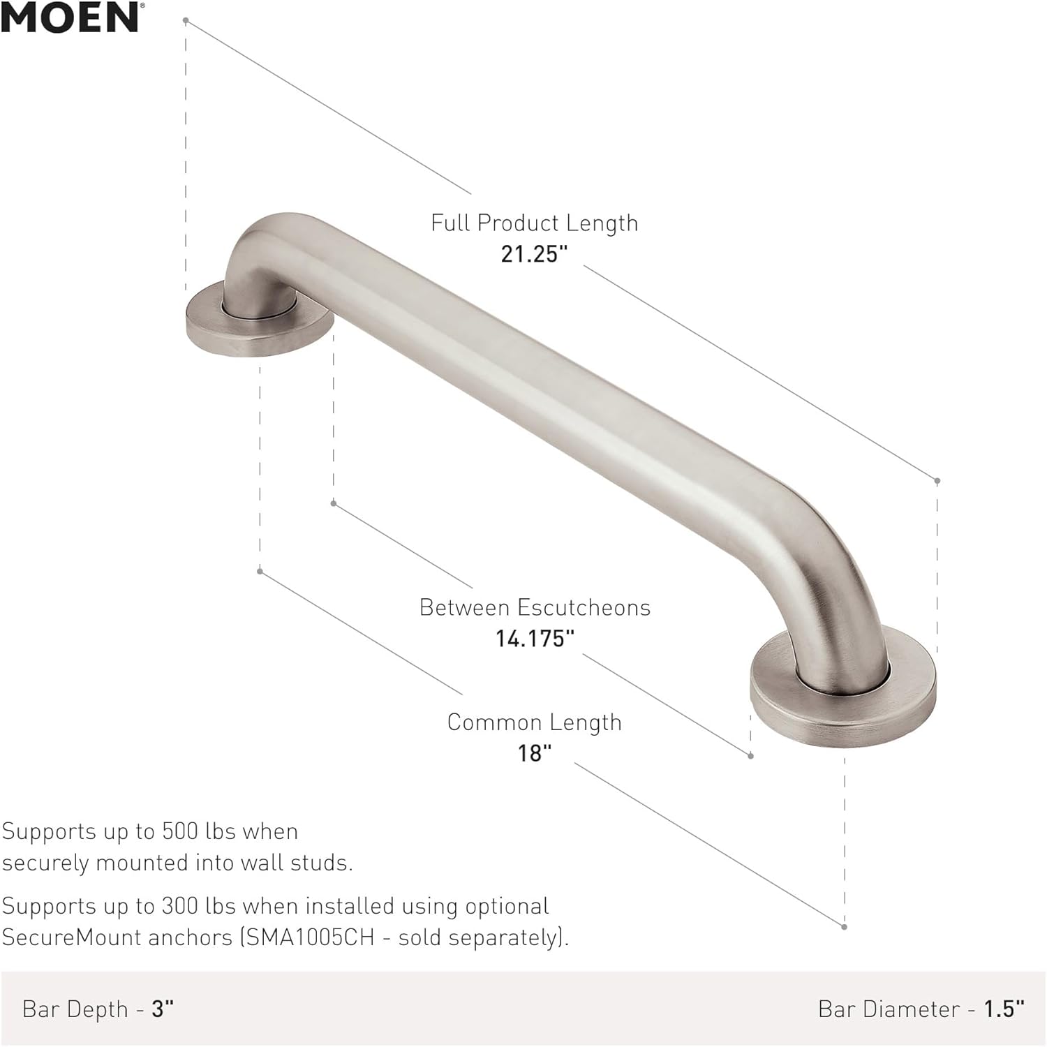Moen 18-Inch Bathroom Grab Bar – Stainless Steel Safety Support for Seniors, Shower & Bathtub (Concealed Mount Design)